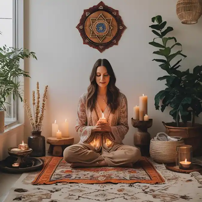 Pessoa em meditação em ambiente tranquilo em casa, conexão espiritual no lar